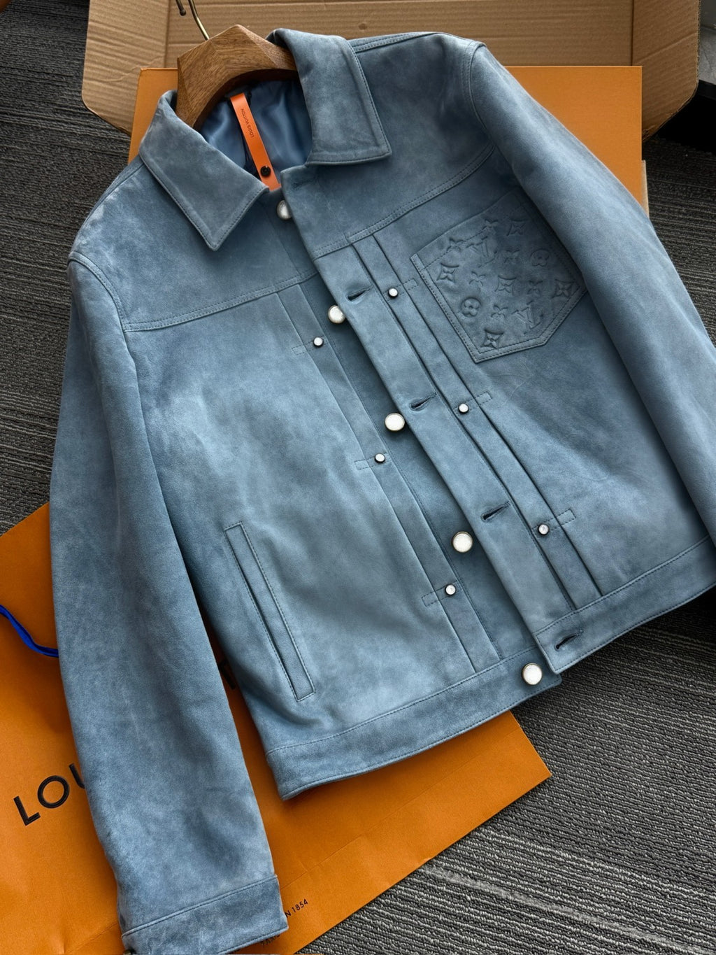 Louis Vuitton TYPE II Men's Spring/autumn Fashion Casual Collared Single Breasted Classic Printed Suede Leather Long Sleeved Jacket #78379