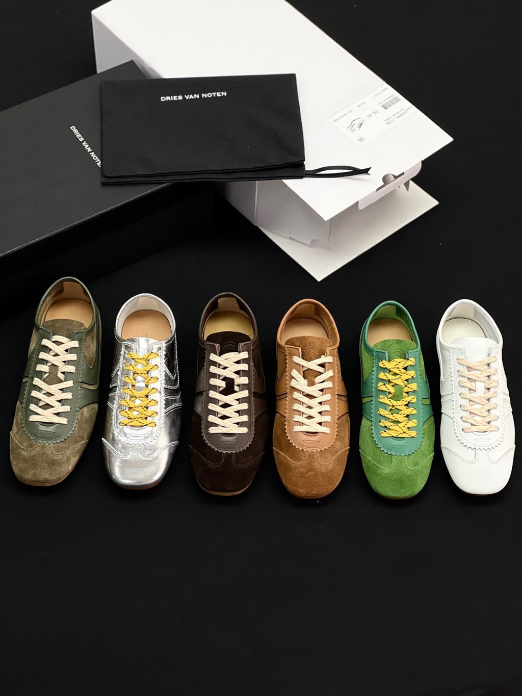 Dries Van Noten Women's Marathon Retro Training Shoes Four Seasons Solid Color Round Toe Lace-up Low-top Leather Casual Shoes #81462