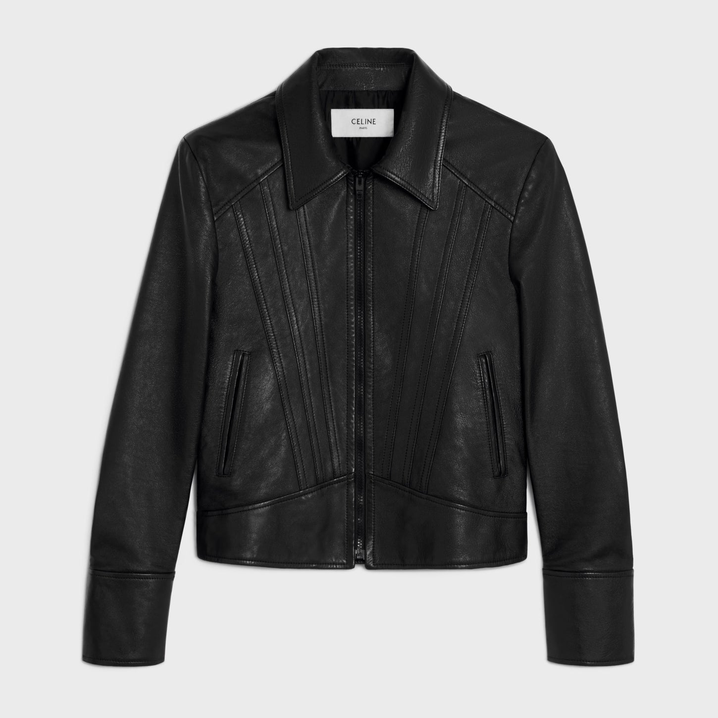 Celine Men's Fall And Winter Black Lapel Zipper Casual Lambskin Long Sleeve Jacket #98469