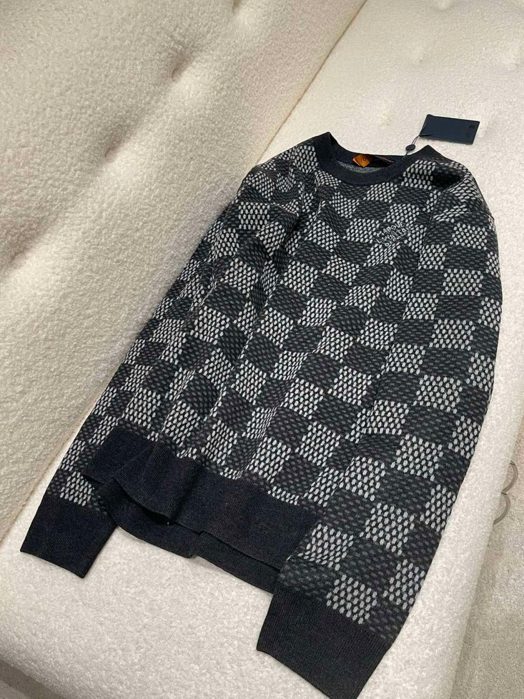 Louis Vuitton Men's Spring and Autumn Black Checkerboard Print Logo Pattern Round Neck Long Sleeve Sweater #73789