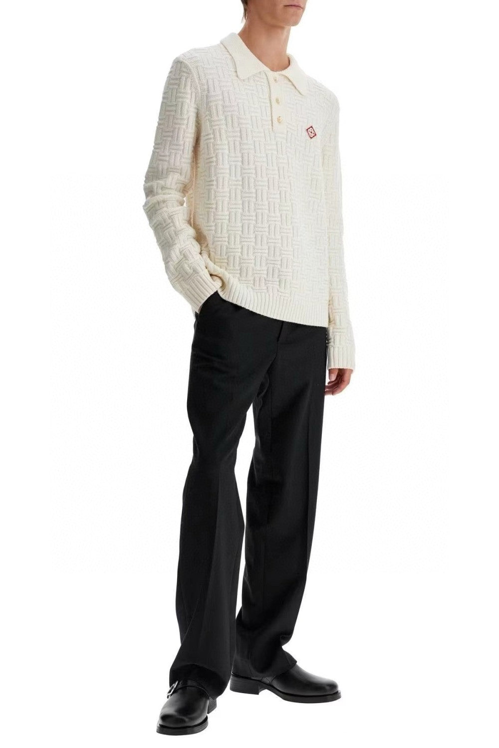 Casablanca Men's Spring Spring Autumn Beige Cozy Pullover Wool Polo Neck Knit Long Sleeve Sweater #73574