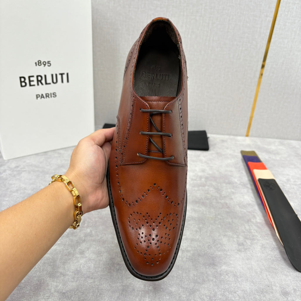 Berluti Alessio Natural Men's Spring/Fall Fashion Classic Leather Brogue Oxford Shoes with Thick Rubber Sole Calfskin Derby Shoes #78573