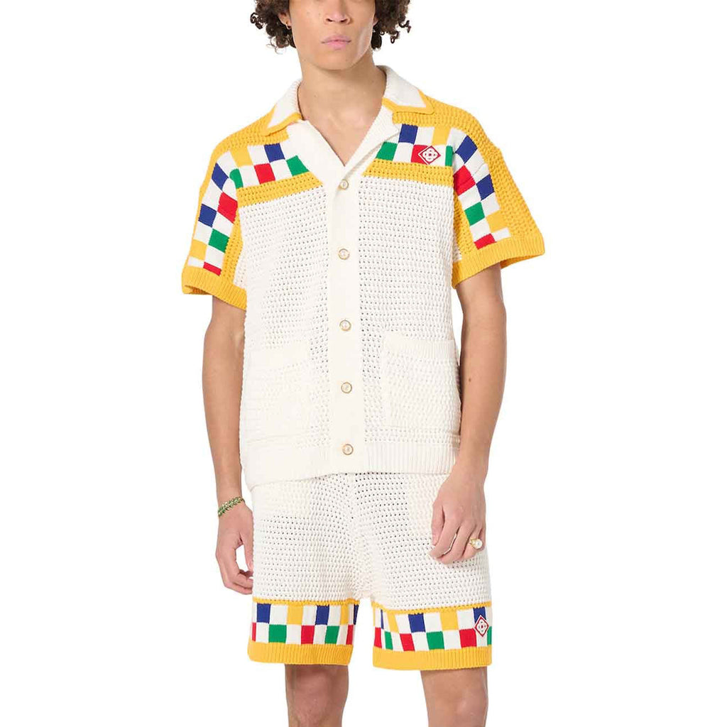 Casablanca Men's Summer Color Block Crochet V-Neck Knit Single Breasted Short Sleeve Shirt Shorts Set Suit #72869