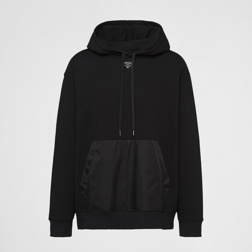Prada Men's Spring and Fall Triangle Metal Label Black Cotton Hooded Drawstring Loose Sweatshirt Pullover #73284