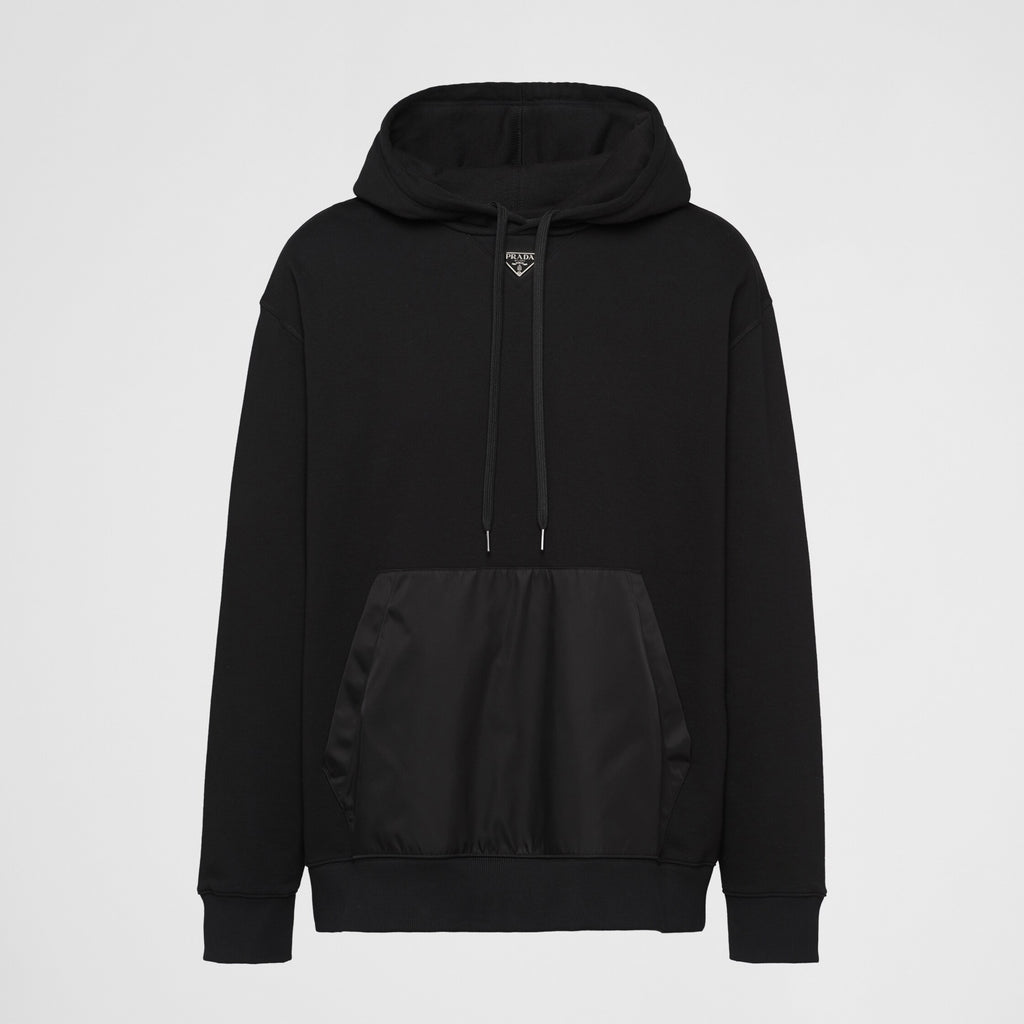 Prada Men's Spring and Fall Triangle Metal Label Black Cotton Hooded Drawstring Loose Sweatshirt Pullover #73284