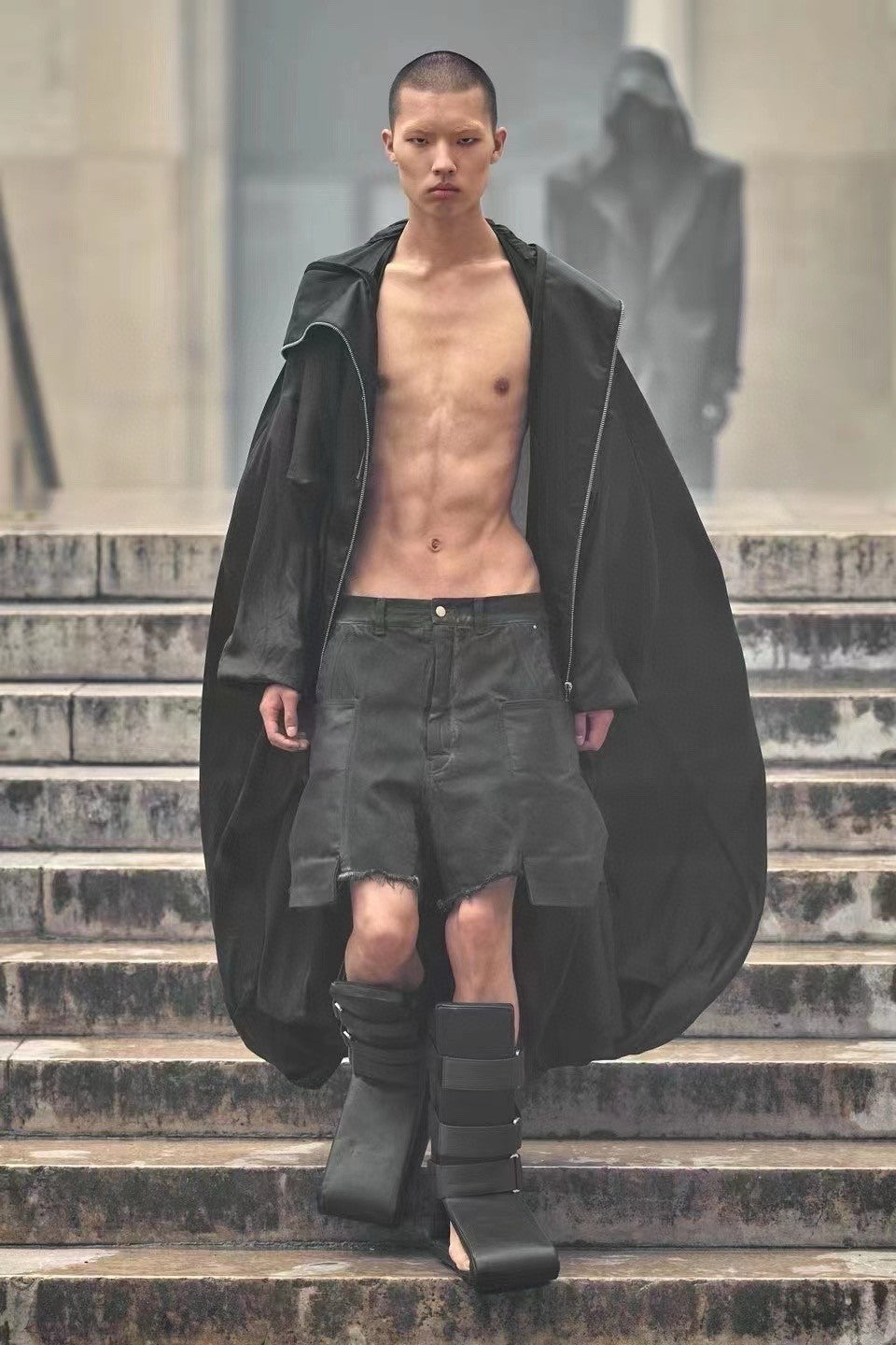 Rick Owens Men's Summer Mid Waist Zipper Loose Straight Waxed Casual Black Multi-Pocket Shorts Ngvp #8661