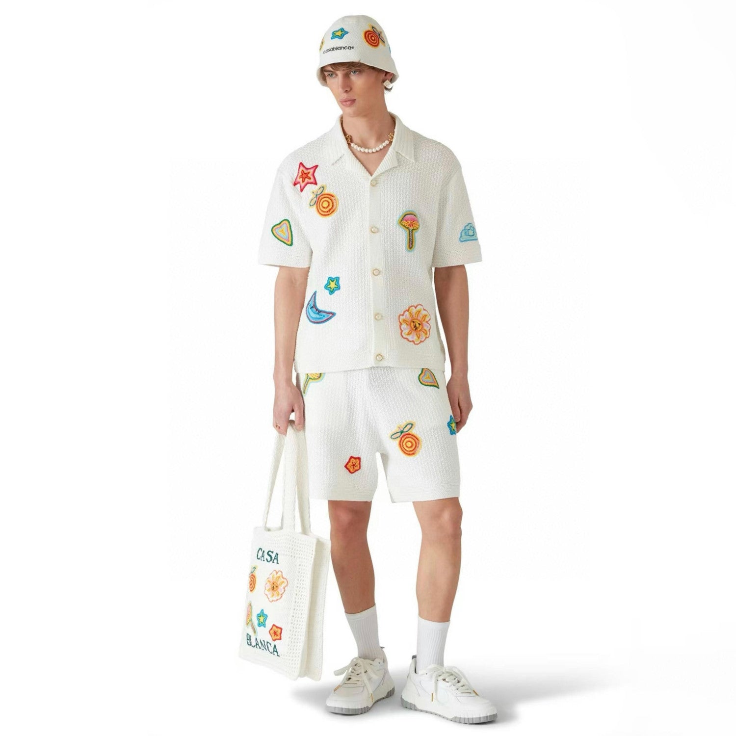 Casablanca Men's Summer Embroidered Solid-Color Cotton Loose-Fit Knit Short-Sleeve Shirt Casual Drawstring Mid-Rise Motif Crochet Shorts Suit Set Ngvp #2392