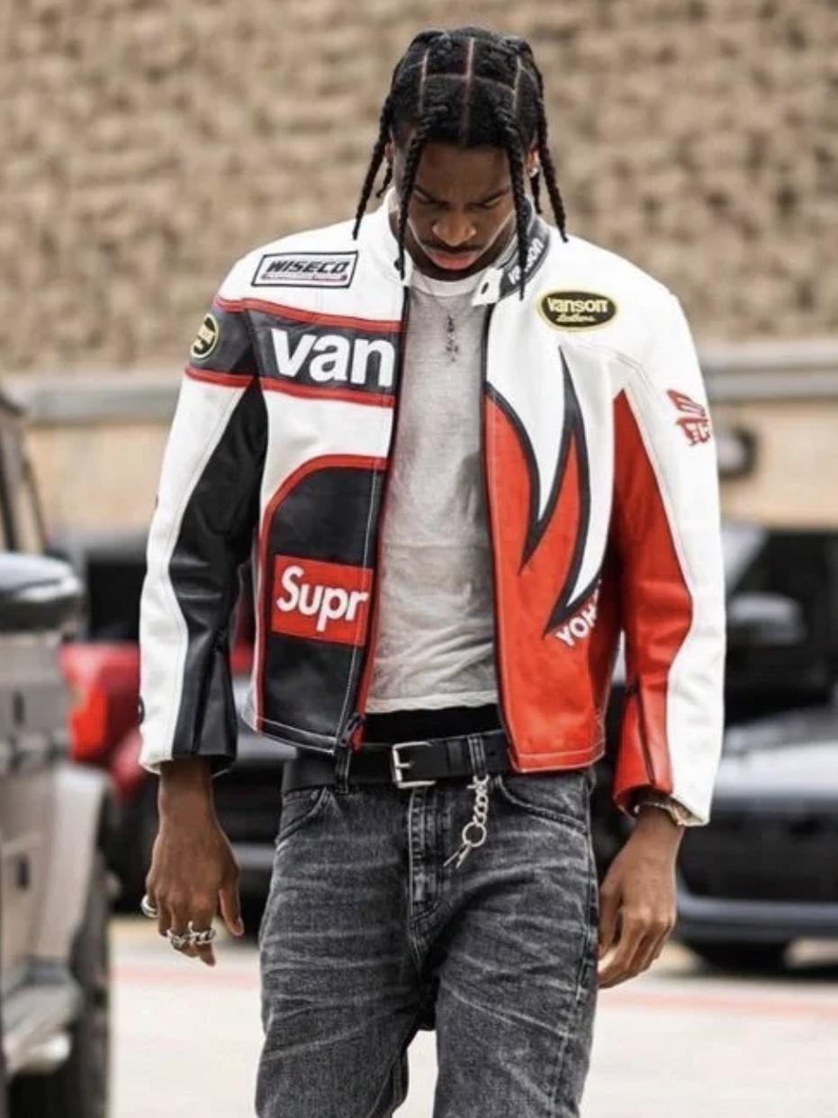 Supreme Yohji Yamamoto Marlboro Men's Women's Vintage Racing Suit Colour Blocking Fashion Leather Jacket Lapel High Street Trend Jacket Autumn and Winter #81156