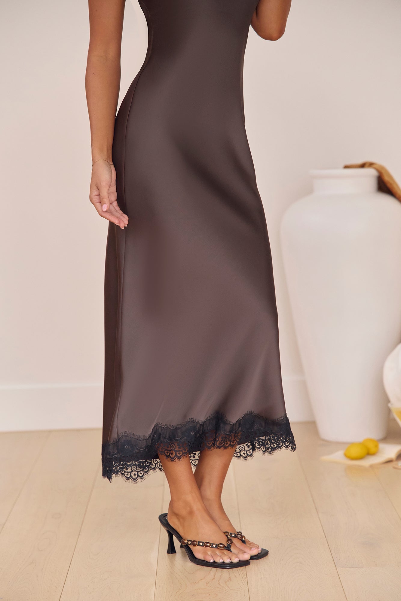 Feel The Moment Satin Maxi Dress Brown