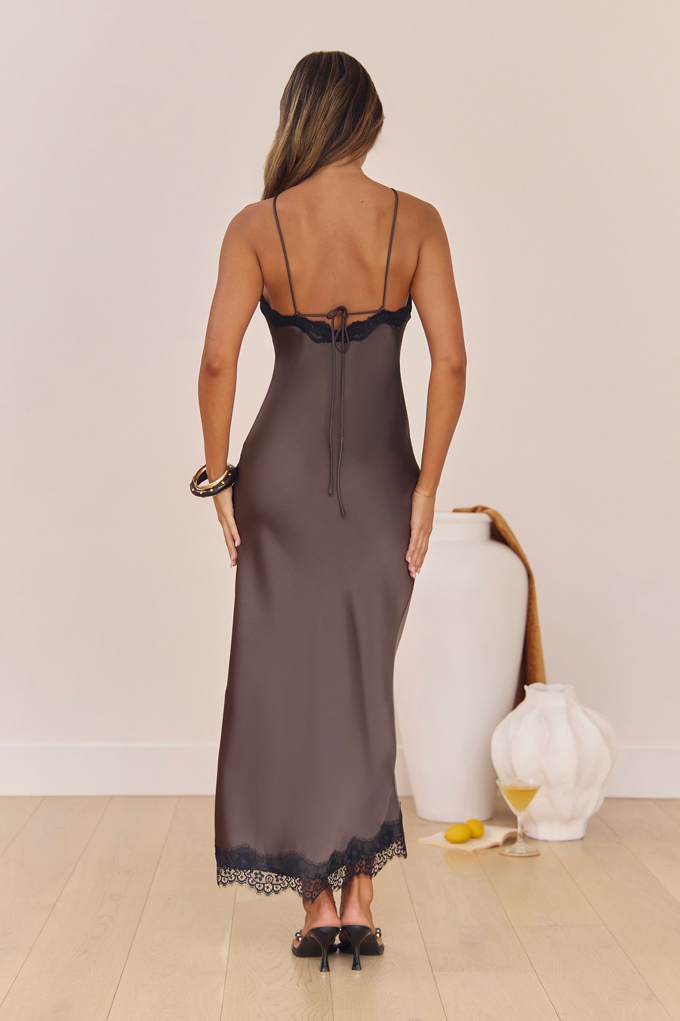 Feel The Moment Satin Maxi Dress Brown