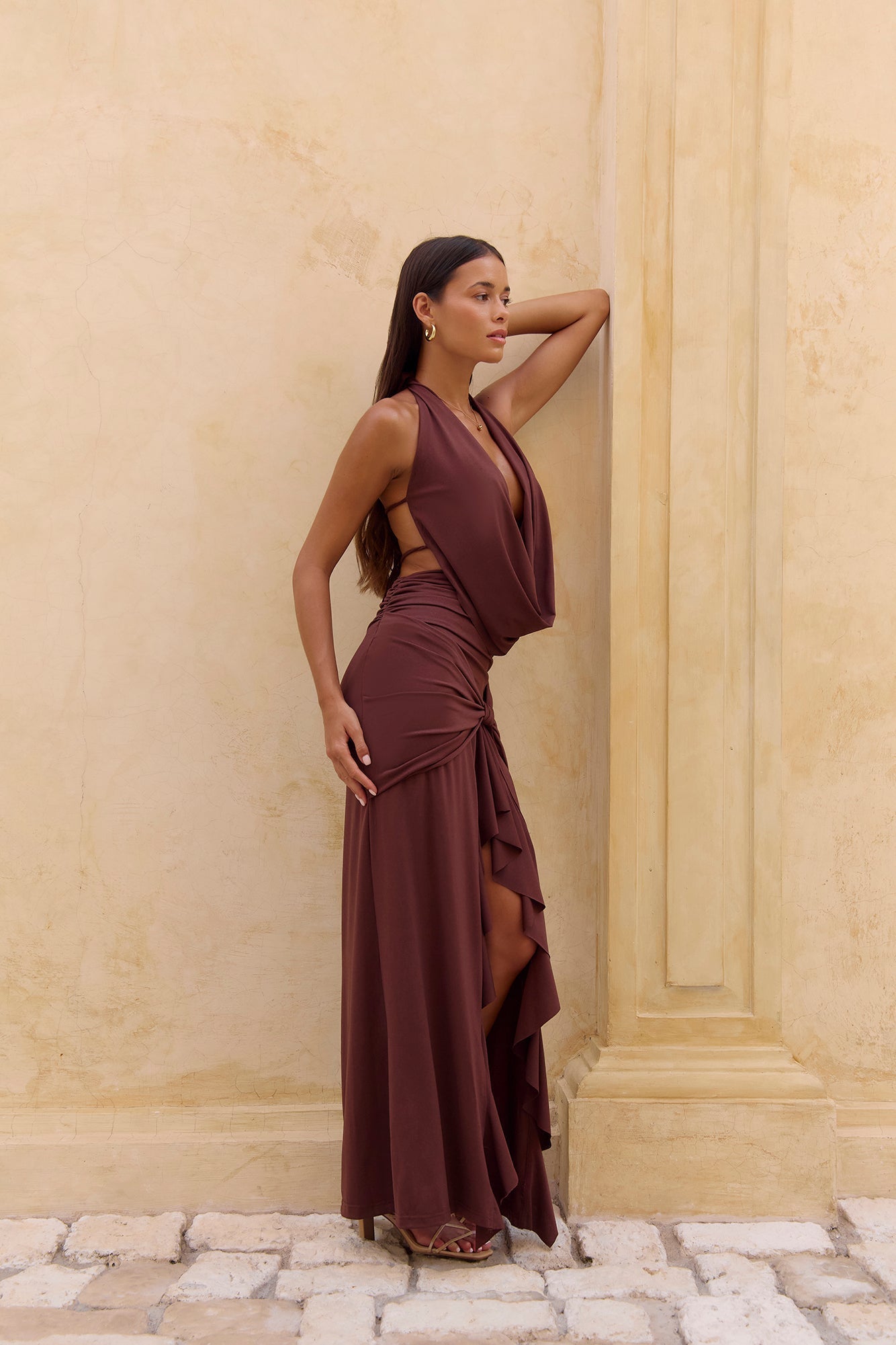 Rooftop View Halter Maxi Dress Brown