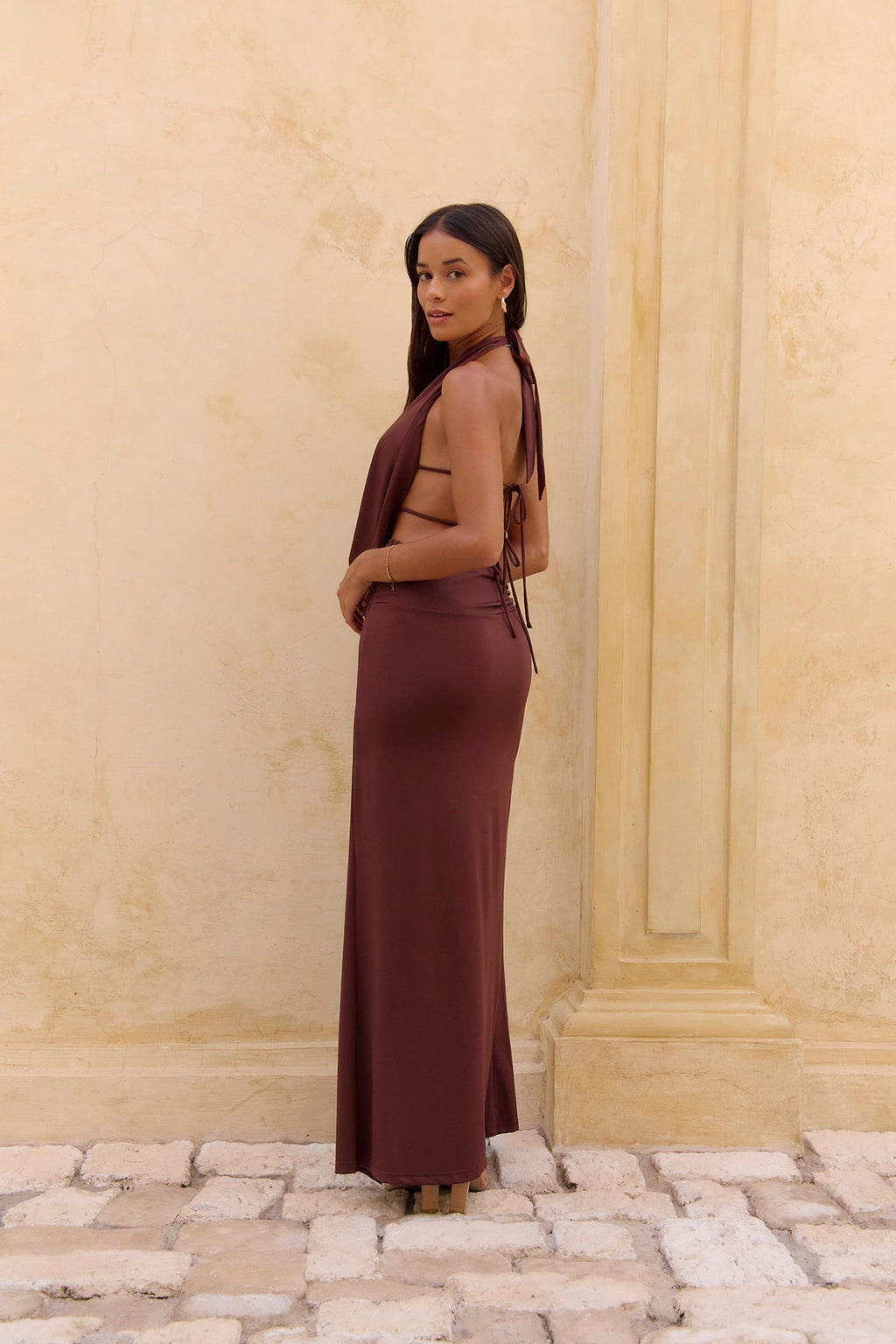 Rooftop View Halter Maxi Dress Brown