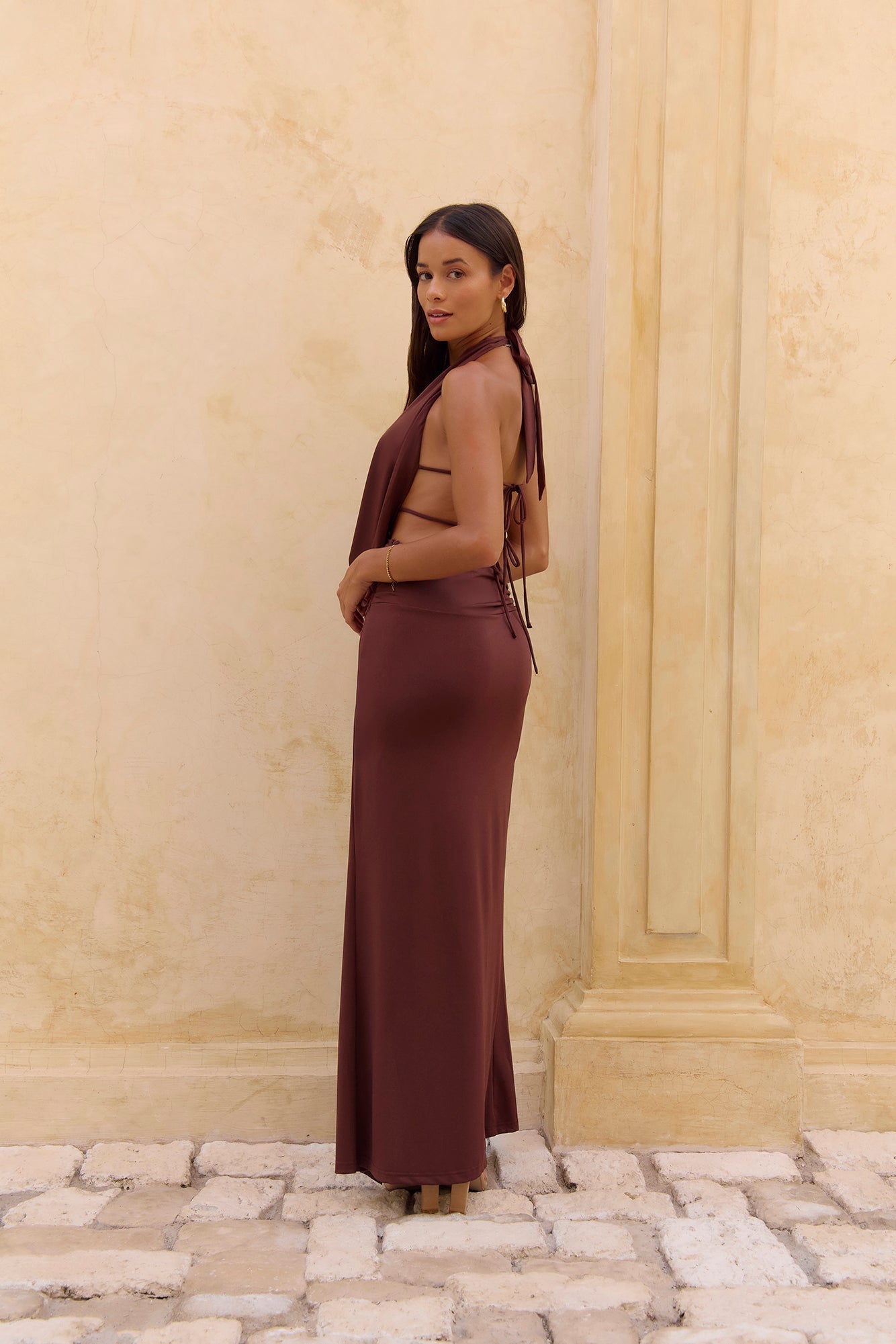 Rooftop View Halter Maxi Dress Brown