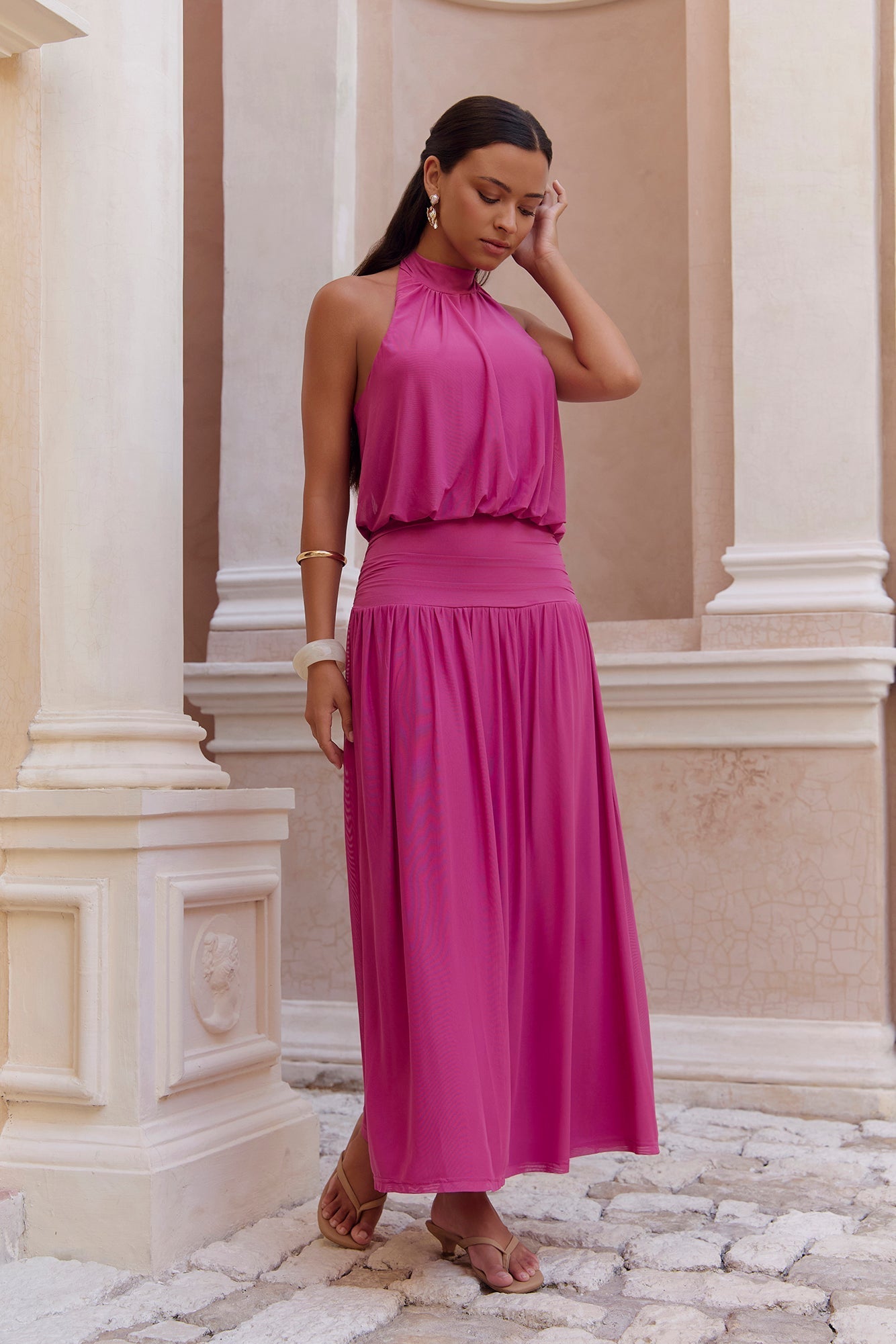 Camellia Mesh Halter Maxi Dress Magenta