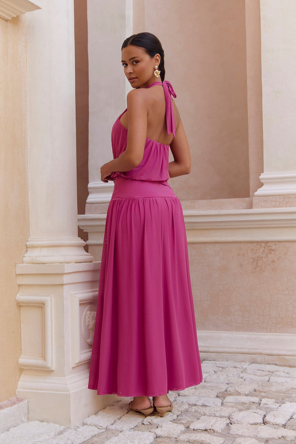 Camellia Mesh Halter Maxi Dress Magenta