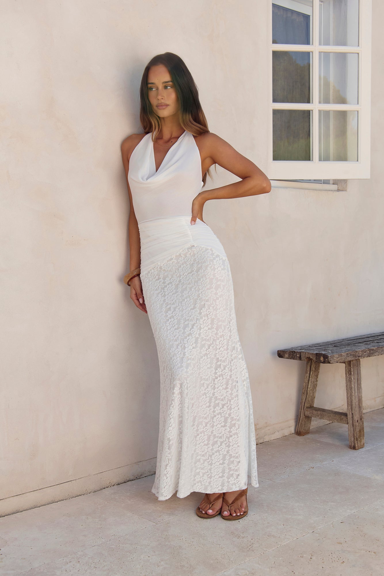 Fly To Paradise Mesh Halter Maxi Dress White