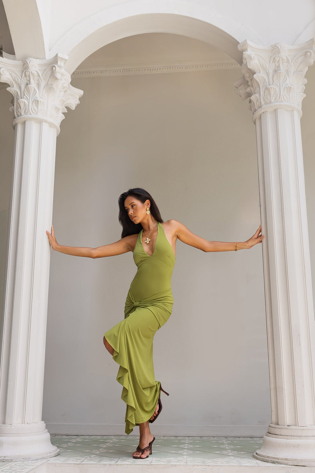 Different Paths Halter Maxi Dress Olive